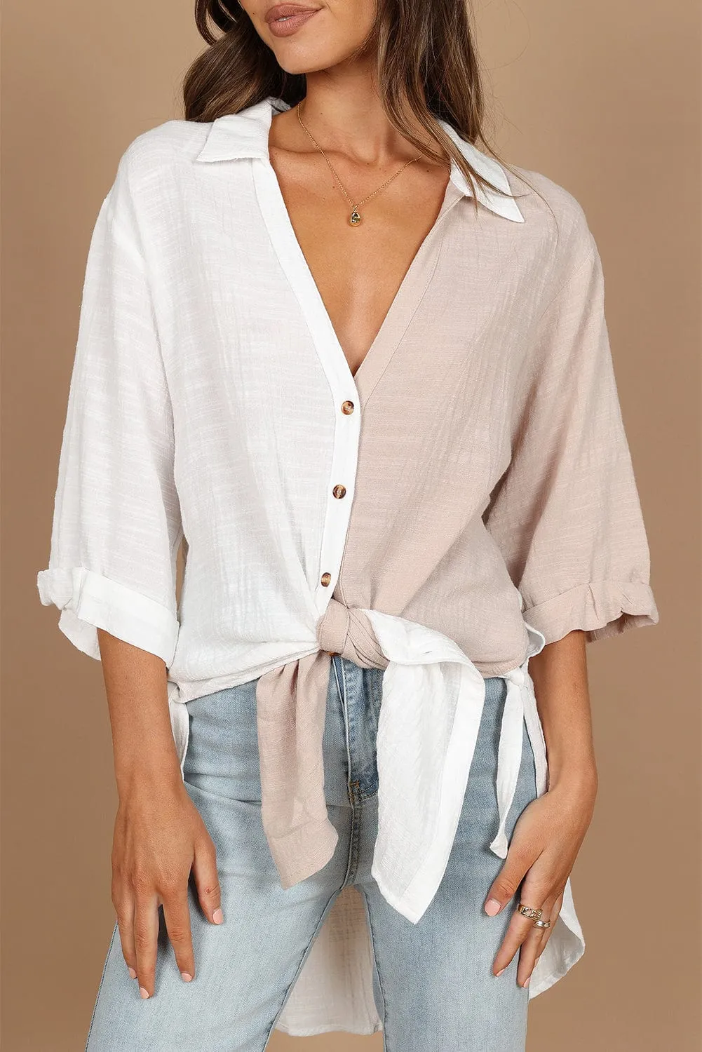 Casual Bi-Color Cotton Blend Button-Down Shirt