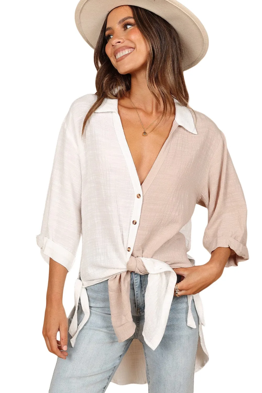 Casual Bi-Color Cotton Blend Button-Down Shirt