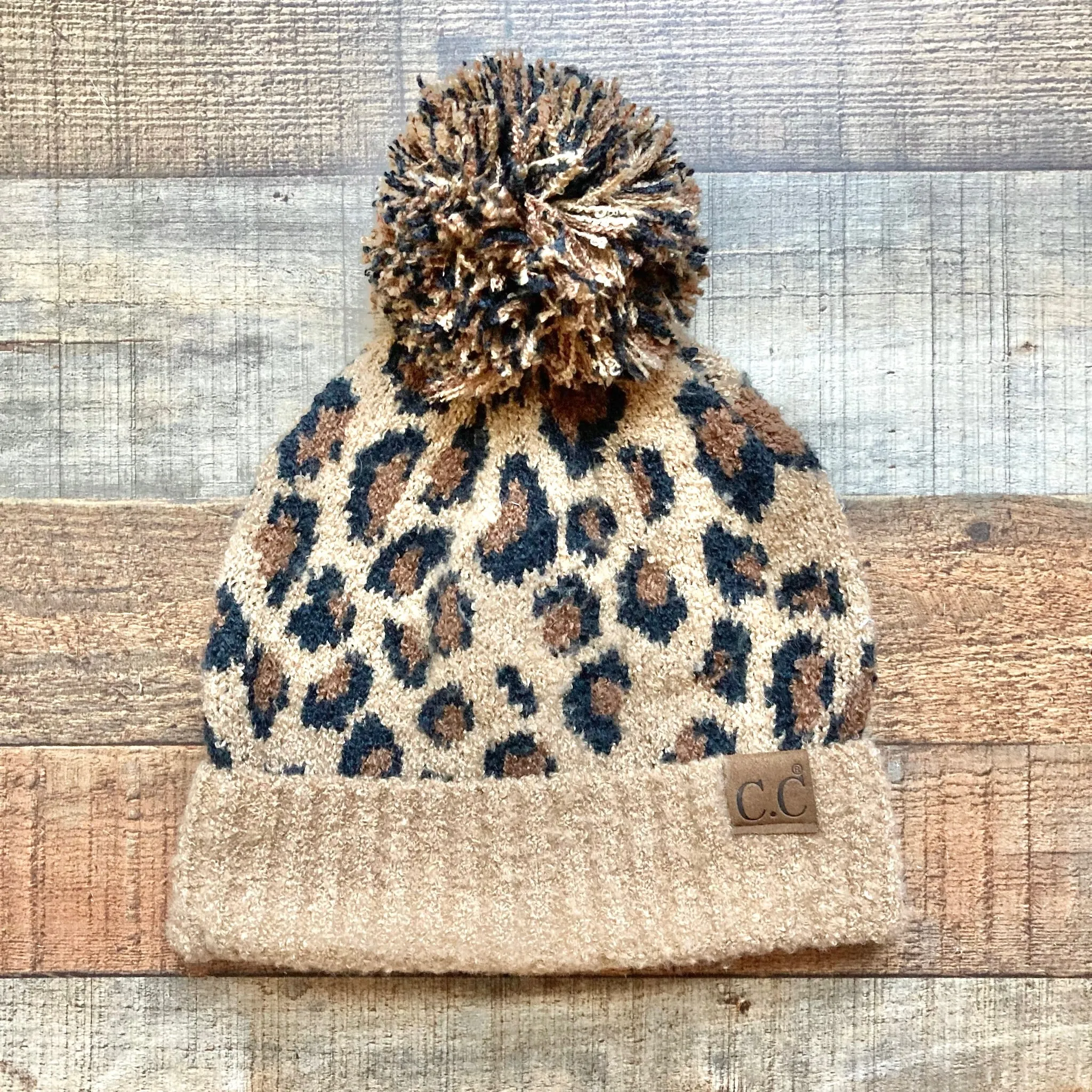 C.C Leopard Print Knit Pom Beanie