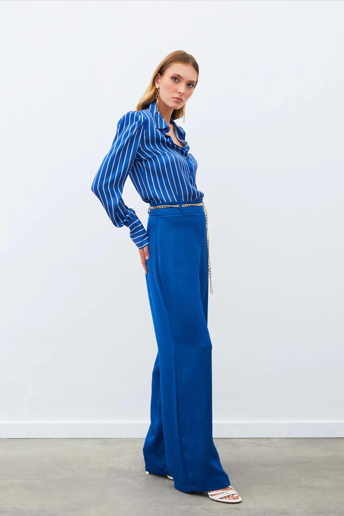 Chain Satin Crepe Trousers - Dark Blue