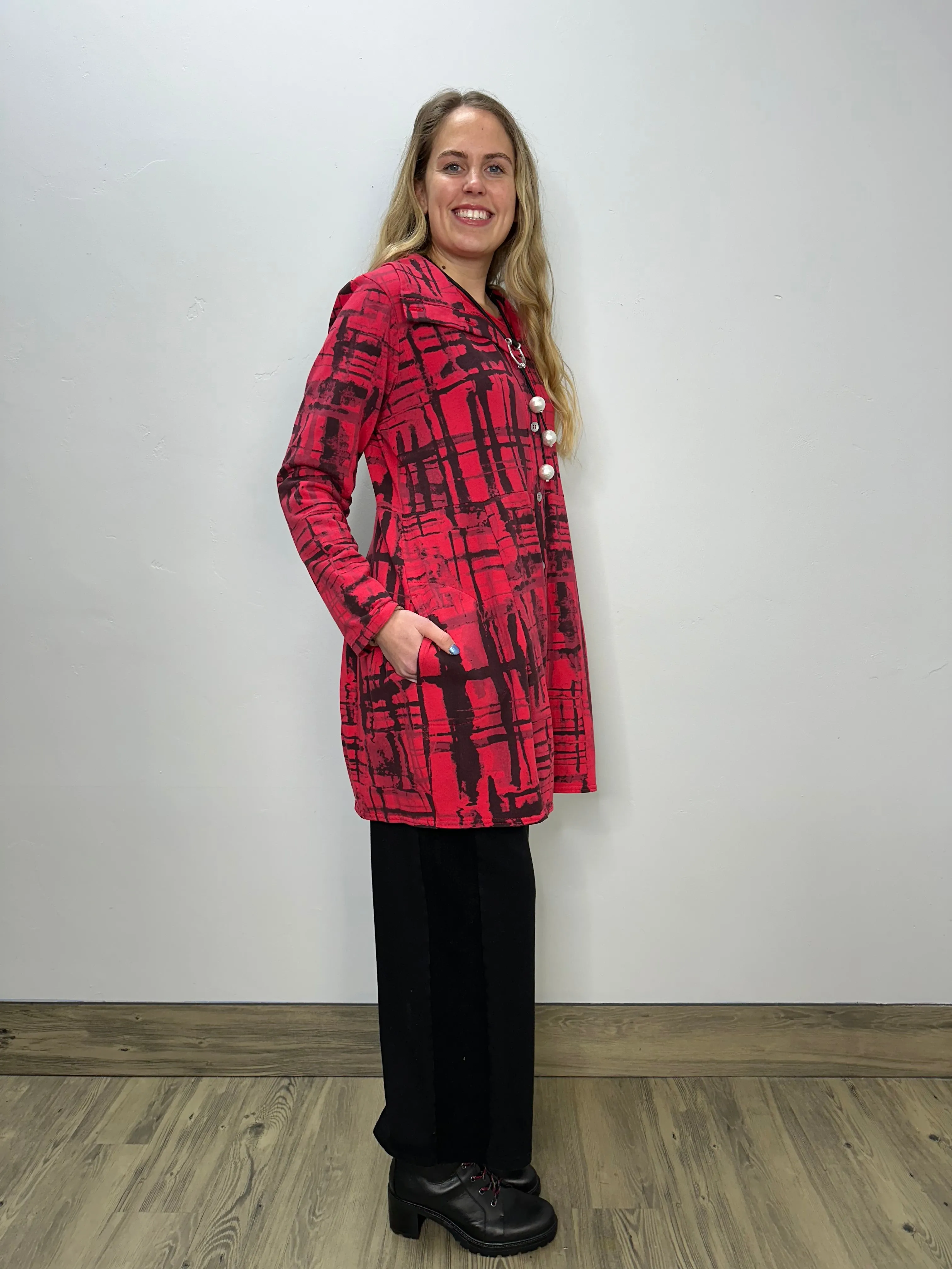 Cherry Red Print Button Down Bee Coat