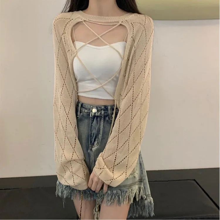 Chic Preppy Rhombus-Patterned Sweater and Denim Dress Set in Khaki