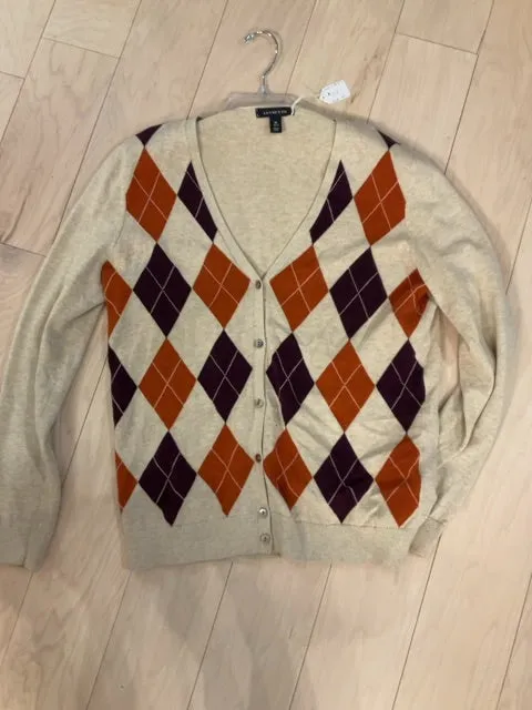 {{ClientCode}} TAN MULTI LANDS END ARGYLE CARDIGAN, M