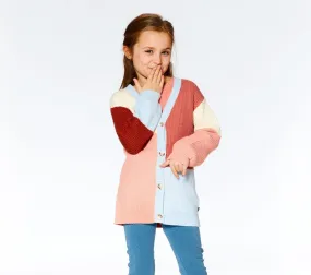 Color Block Knitted Cardigan | Salmon Pink, Sky, Terra Cotta