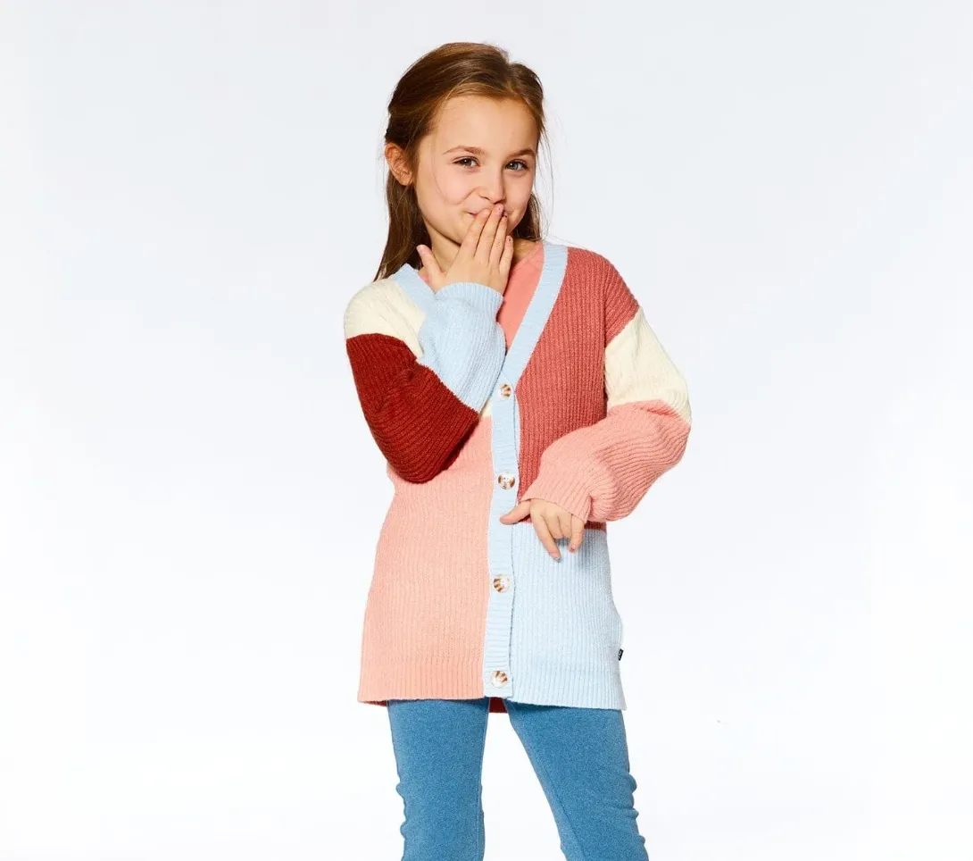 Color Block Knitted Cardigan | Salmon Pink, Sky, Terra Cotta