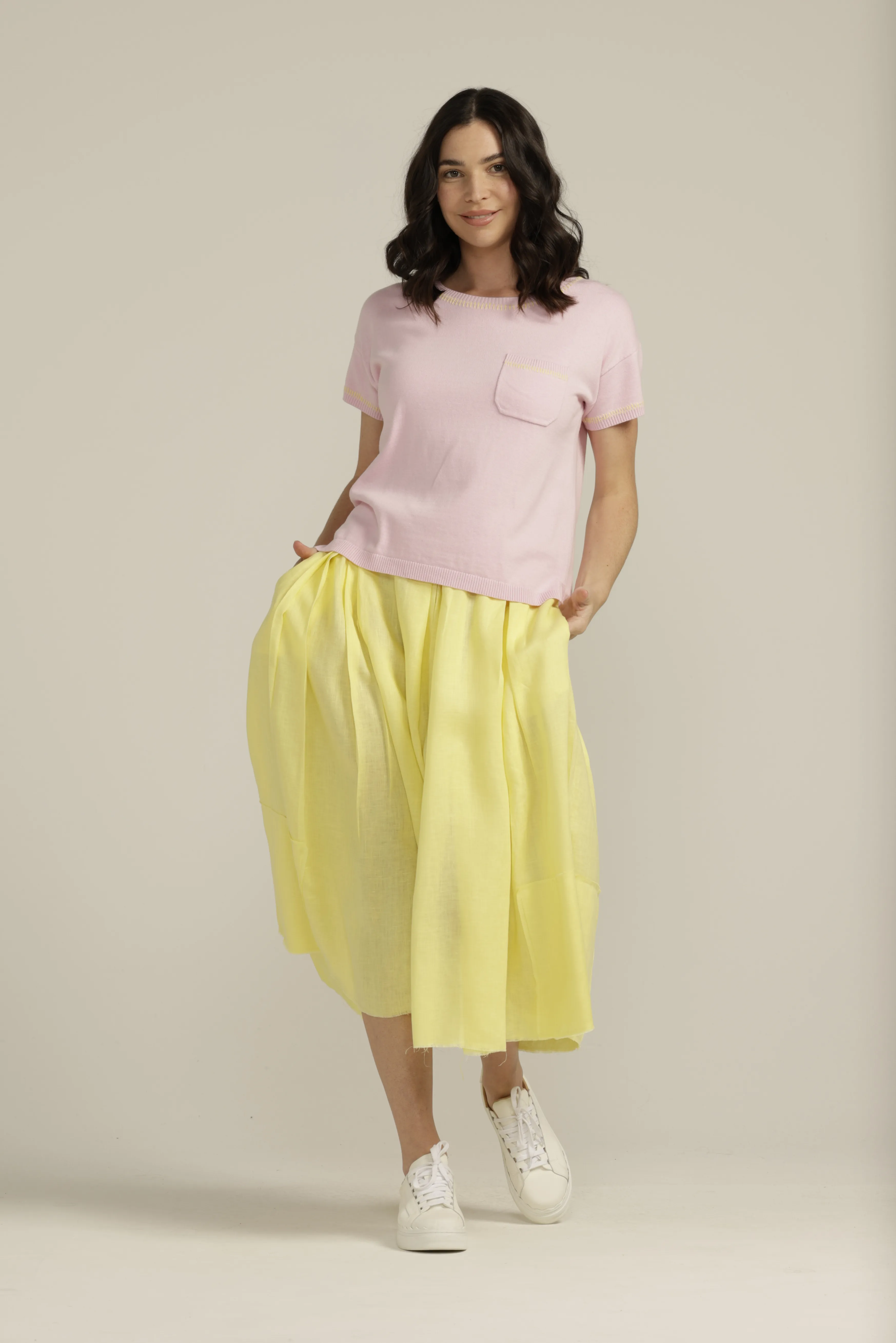 Cotton Knit Stitched Trim Top Candy