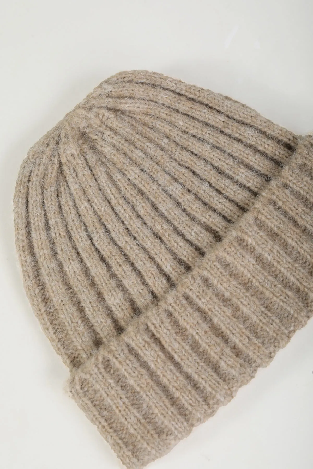 Cream Ribbed Knit Beanie Hat