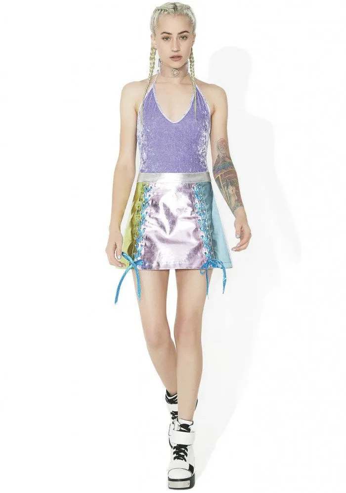 Crushed Velvet High Cut Halter Bodysuit in Lavender