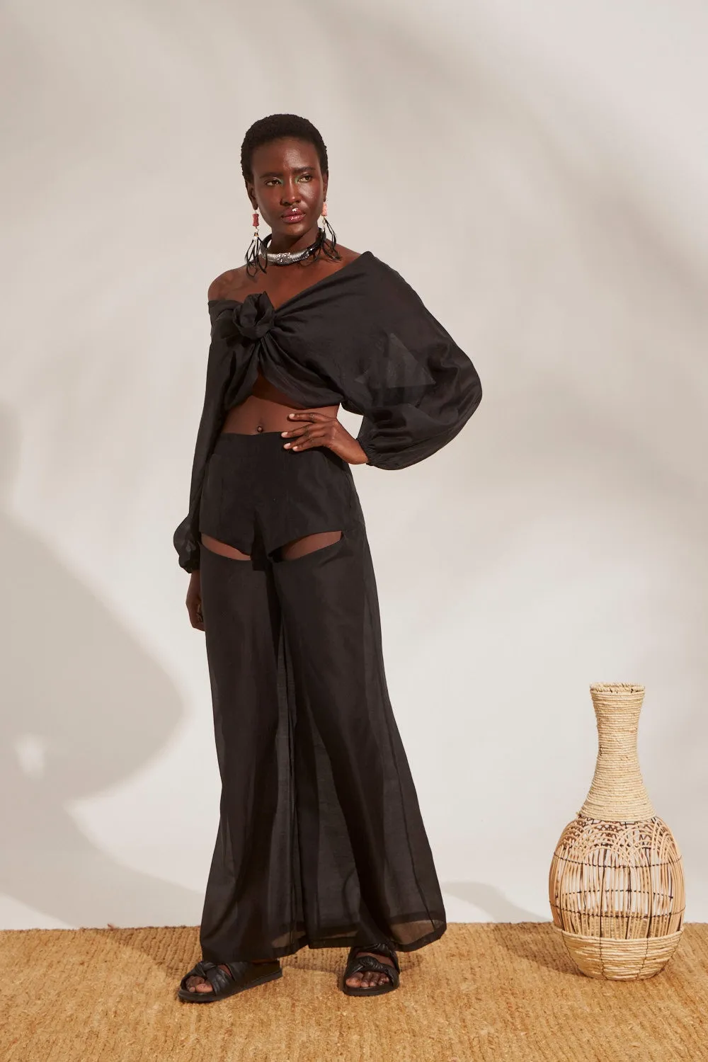 CUT OUT SILKY CHIFFON TROUSERS
