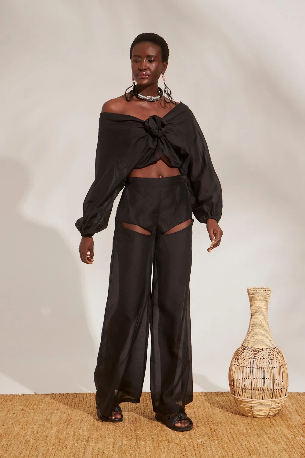 CUT OUT SILKY CHIFFON TROUSERS