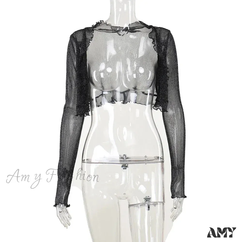 Dark Fairycore Glitter Elegant Thin Gothic See-through Ruched Crop Alternative Cardigan