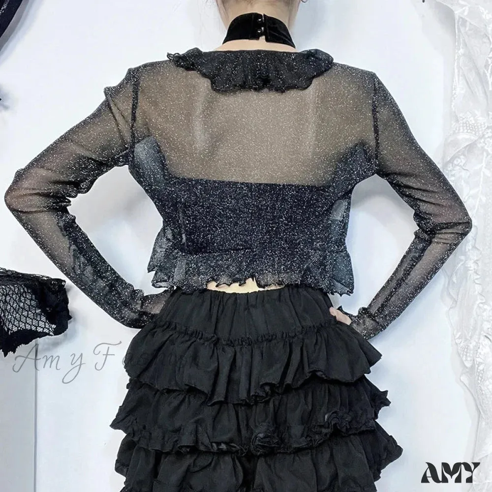 Dark Fairycore Glitter Elegant Thin Gothic See-through Ruched Crop Alternative Cardigan