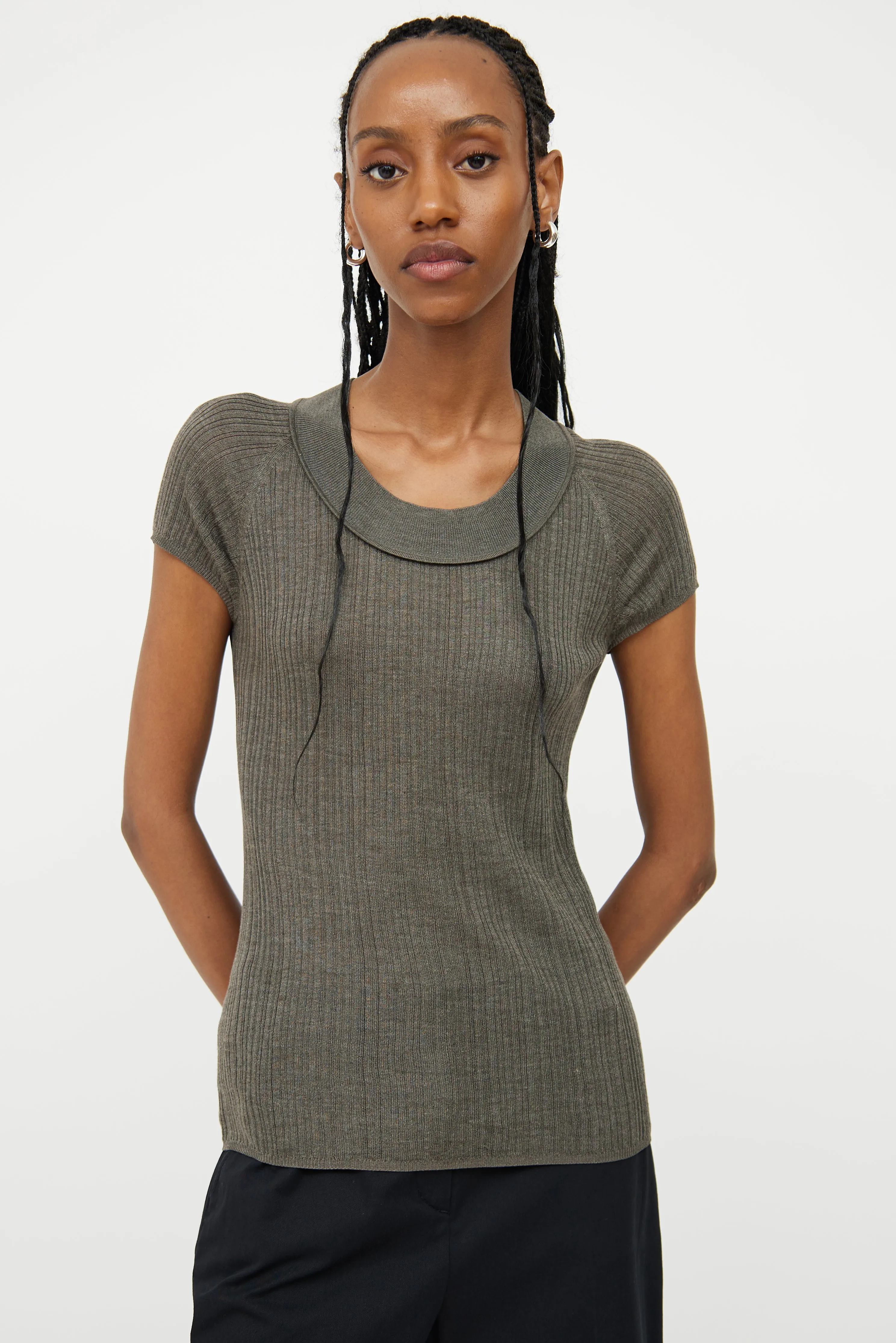 Dark Grey Rib Knit Silk Top
