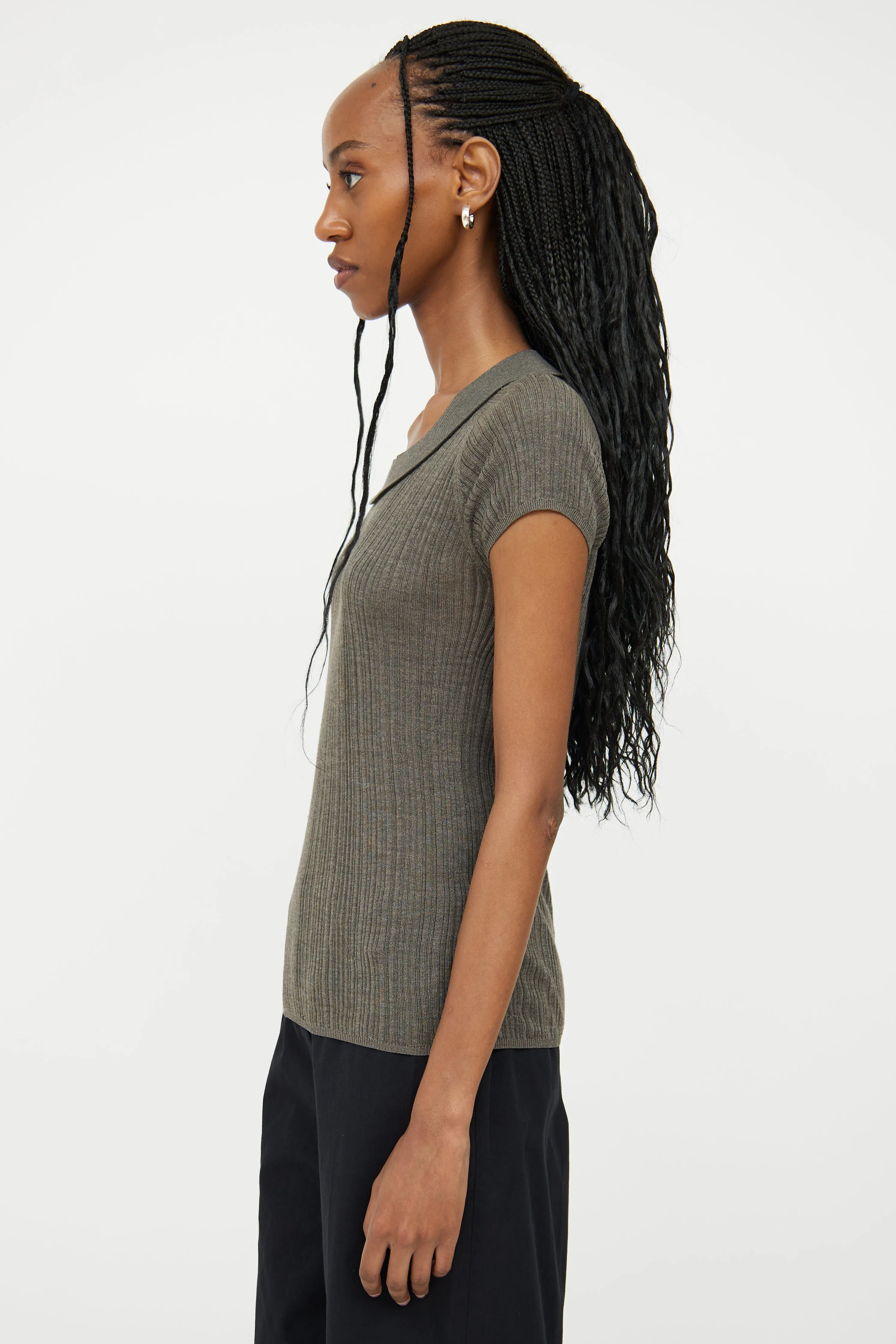 Dark Grey Rib Knit Silk Top