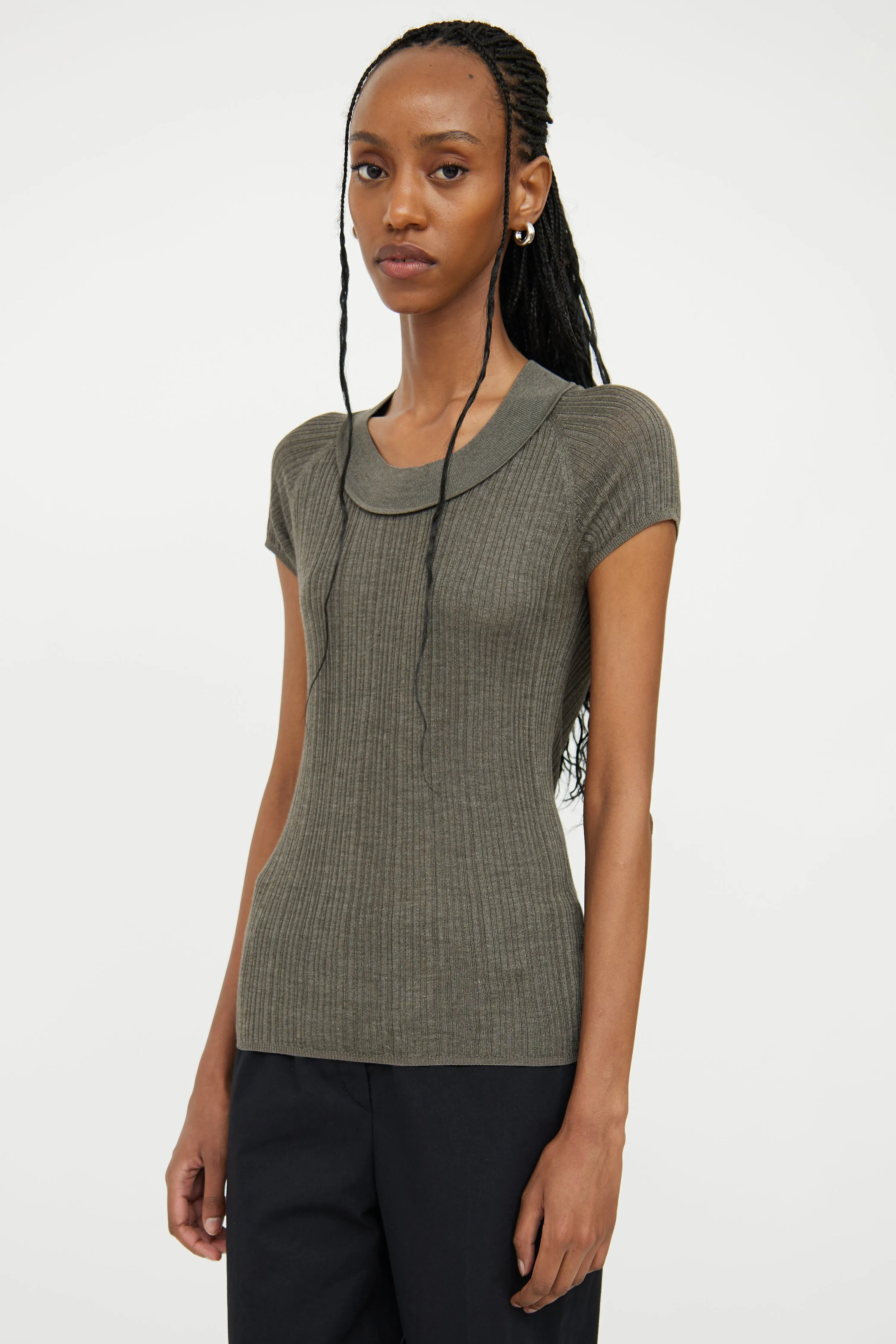 Dark Grey Rib Knit Silk Top