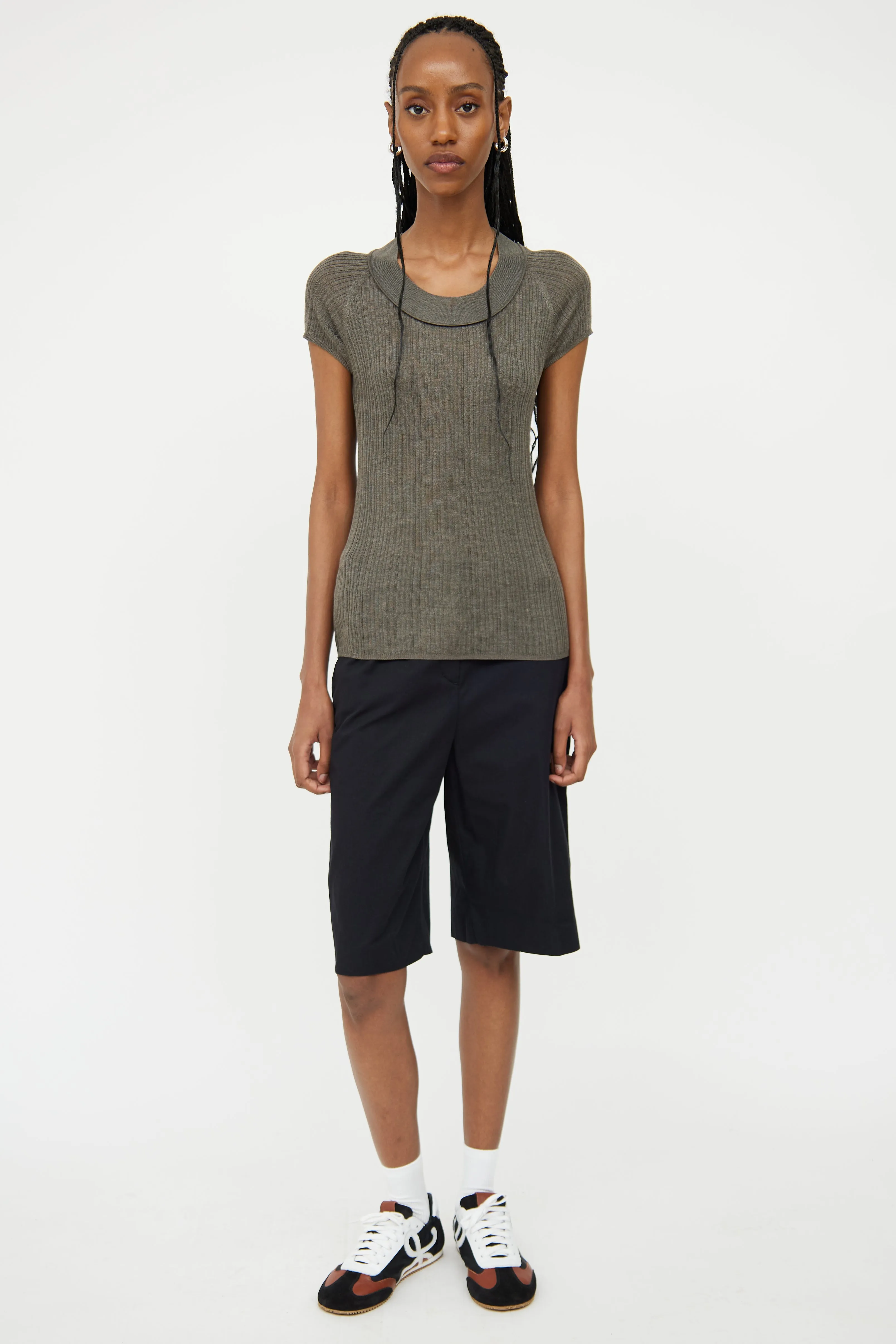 Dark Grey Rib Knit Silk Top