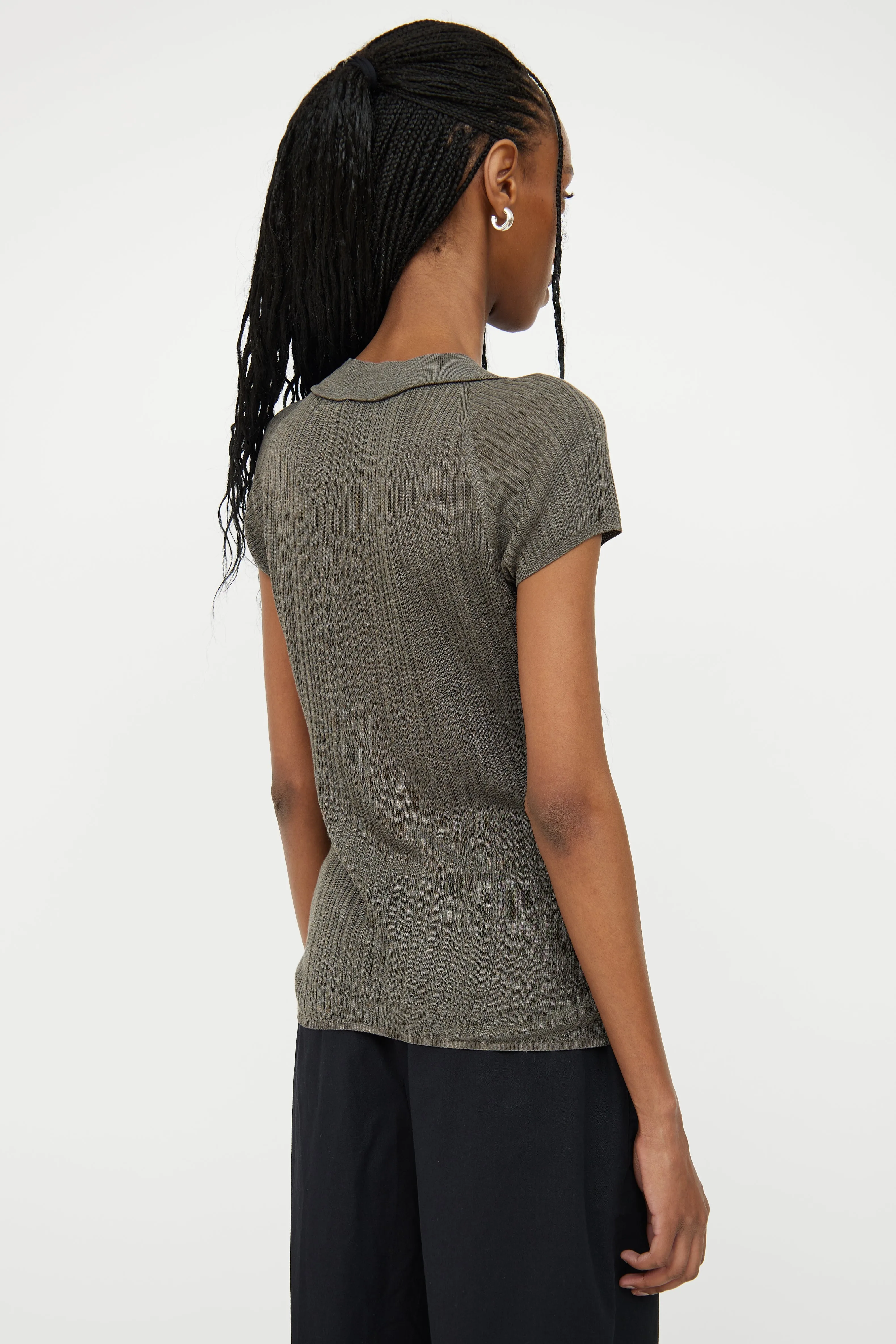 Dark Grey Rib Knit Silk Top