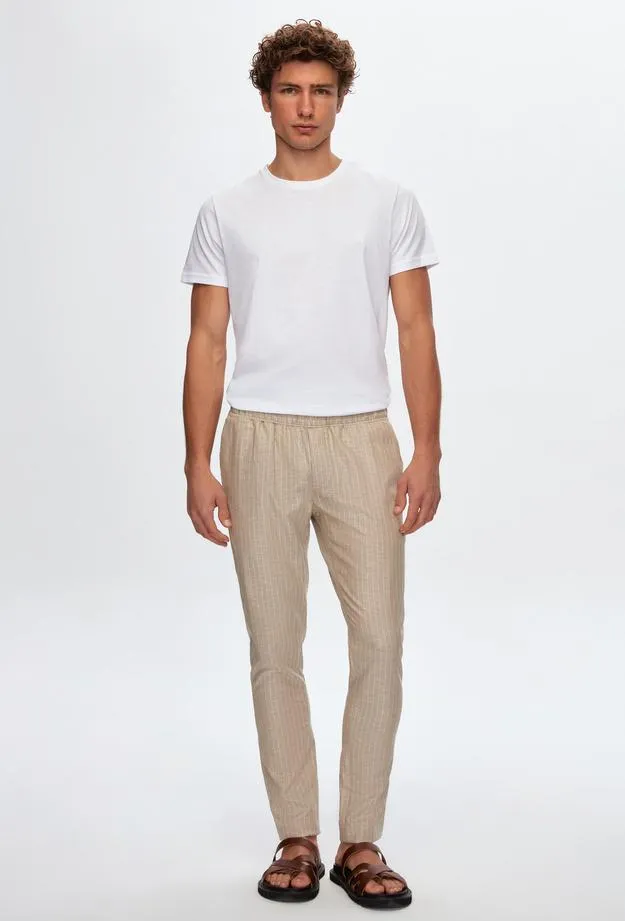 Ds Damat Slim Fit Beige Striped Jogger Trousers