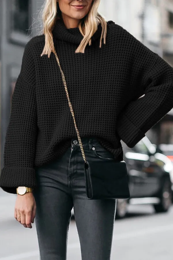 Dunnmall Casual Solid Color High Neck Loose Knit Sweater