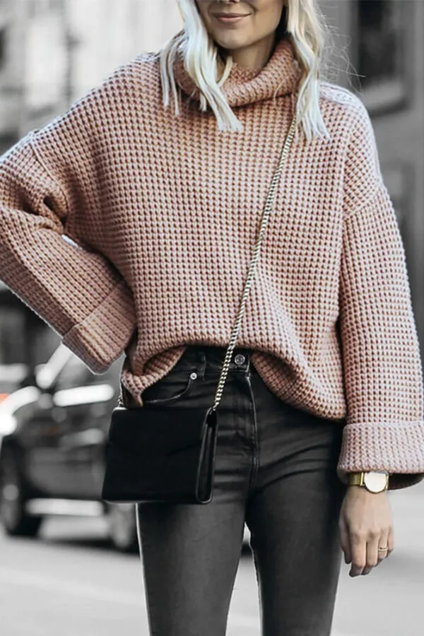 Dunnmall Casual Solid Color High Neck Loose Knit Sweater
