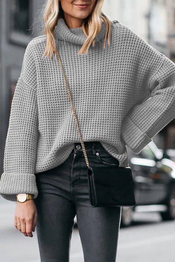 Dunnmall Casual Solid Color High Neck Loose Knit Sweater