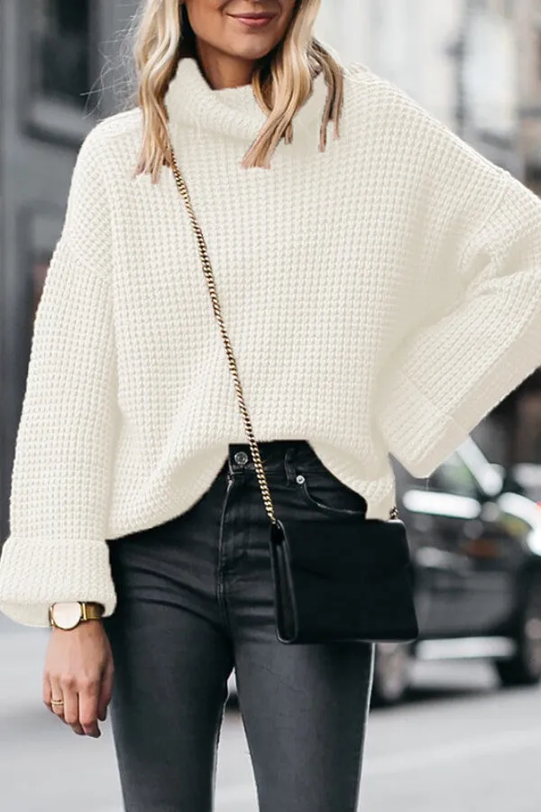 Dunnmall Casual Solid Color High Neck Loose Knit Sweater