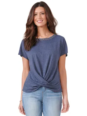 EMBELISHED SCOOP NECK TWIST FRONT HEM KNIT TOP