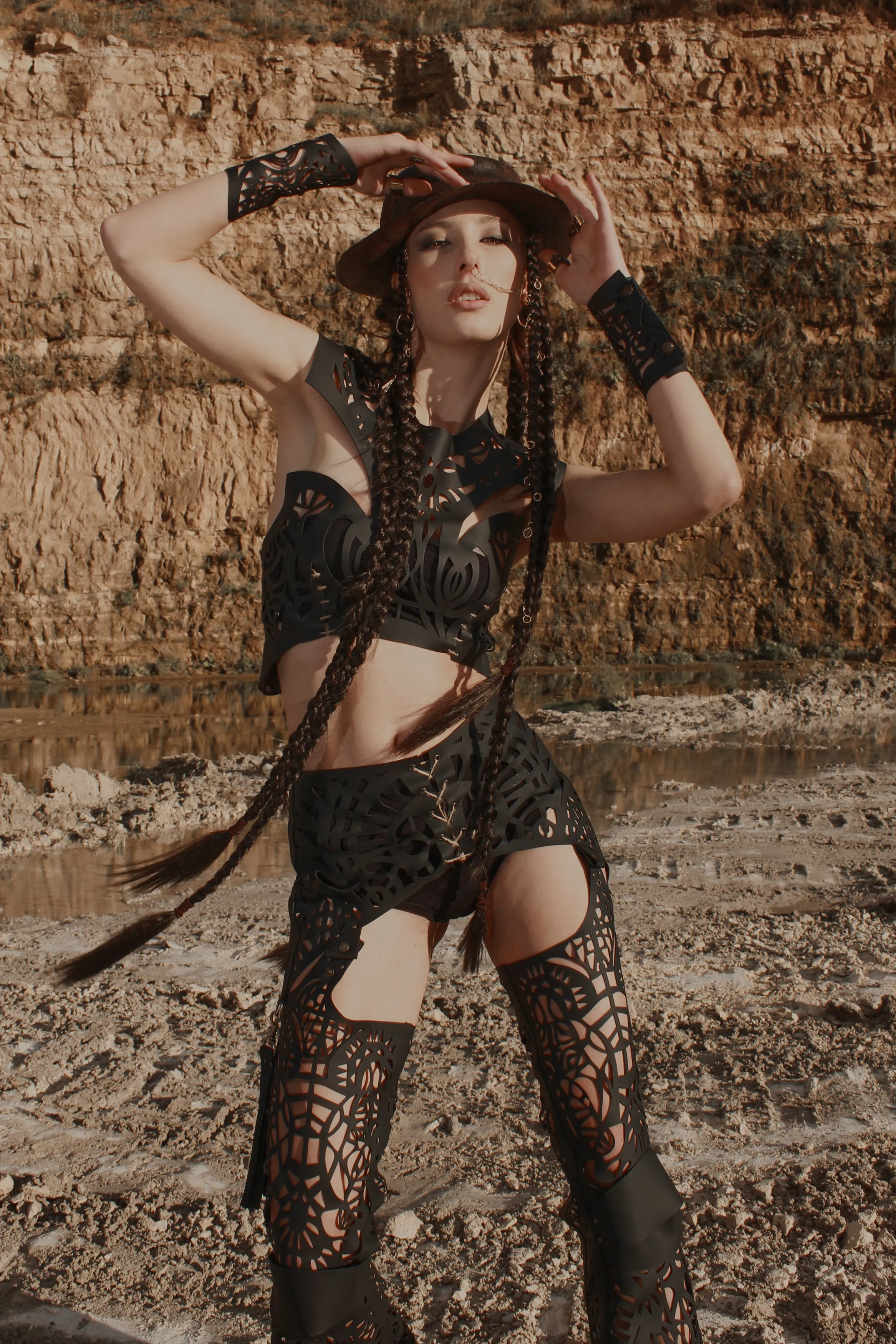 Flared leather trousers