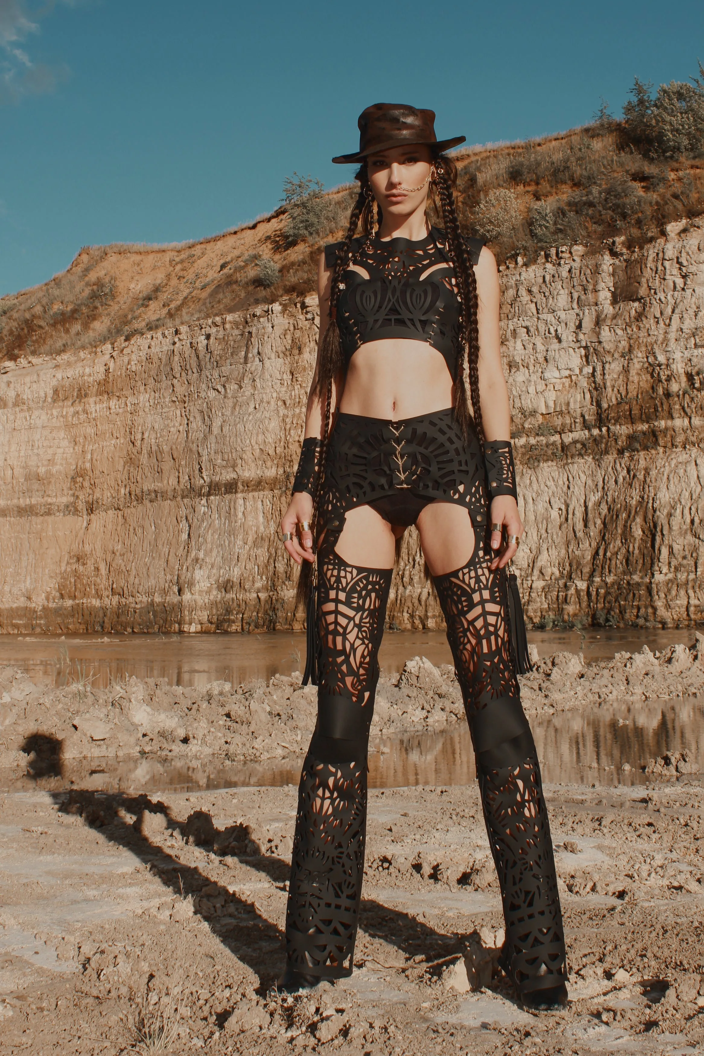 Flared leather trousers