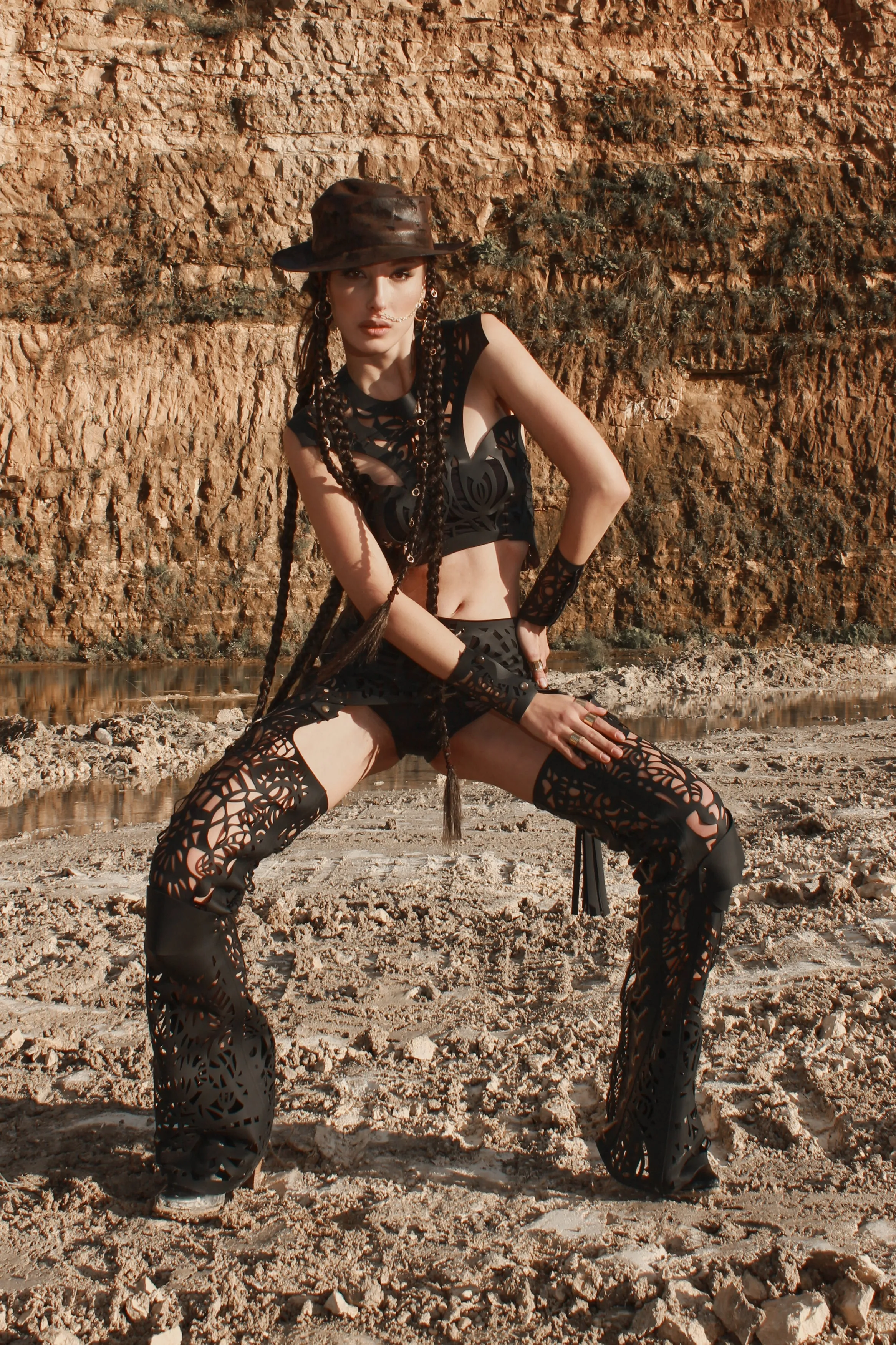 Flared leather trousers