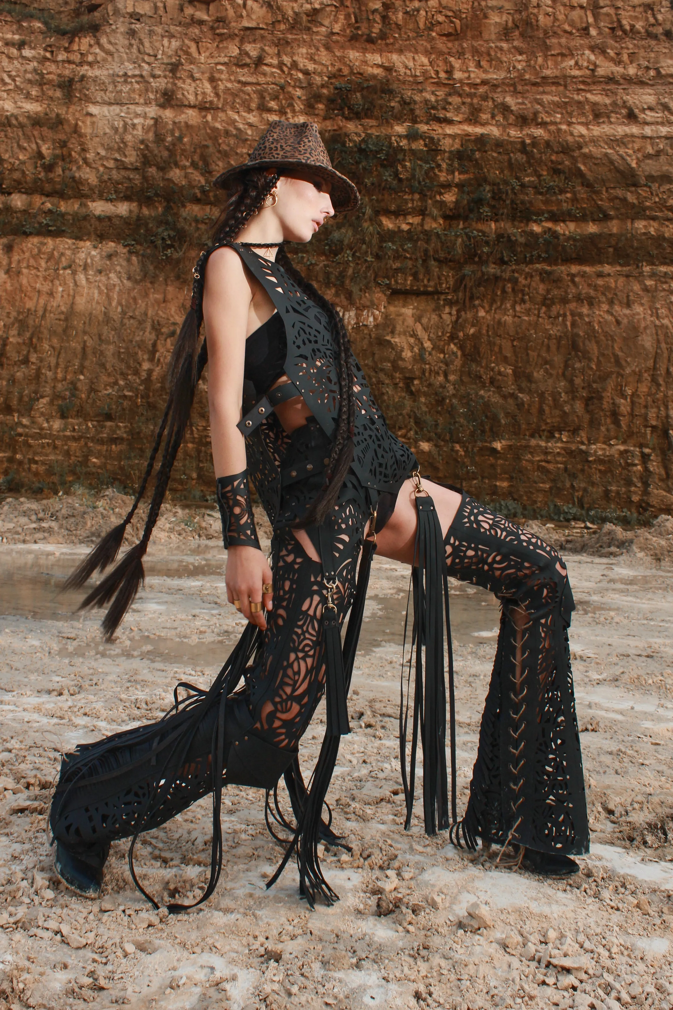 Flared leather trousers
