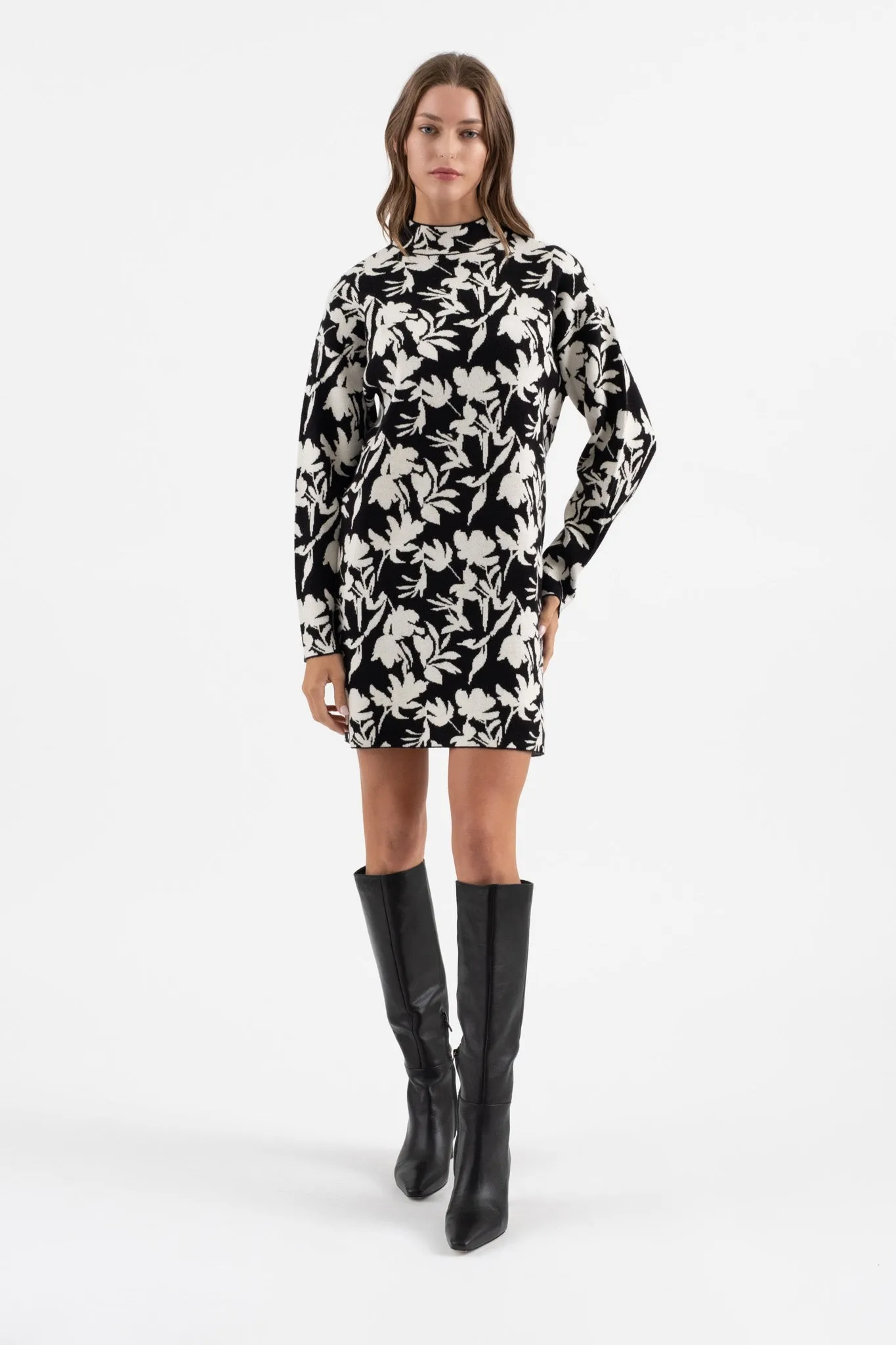 FLORAL MOCK NECK LONG SLEEVE KNIT SWEATER DRESS