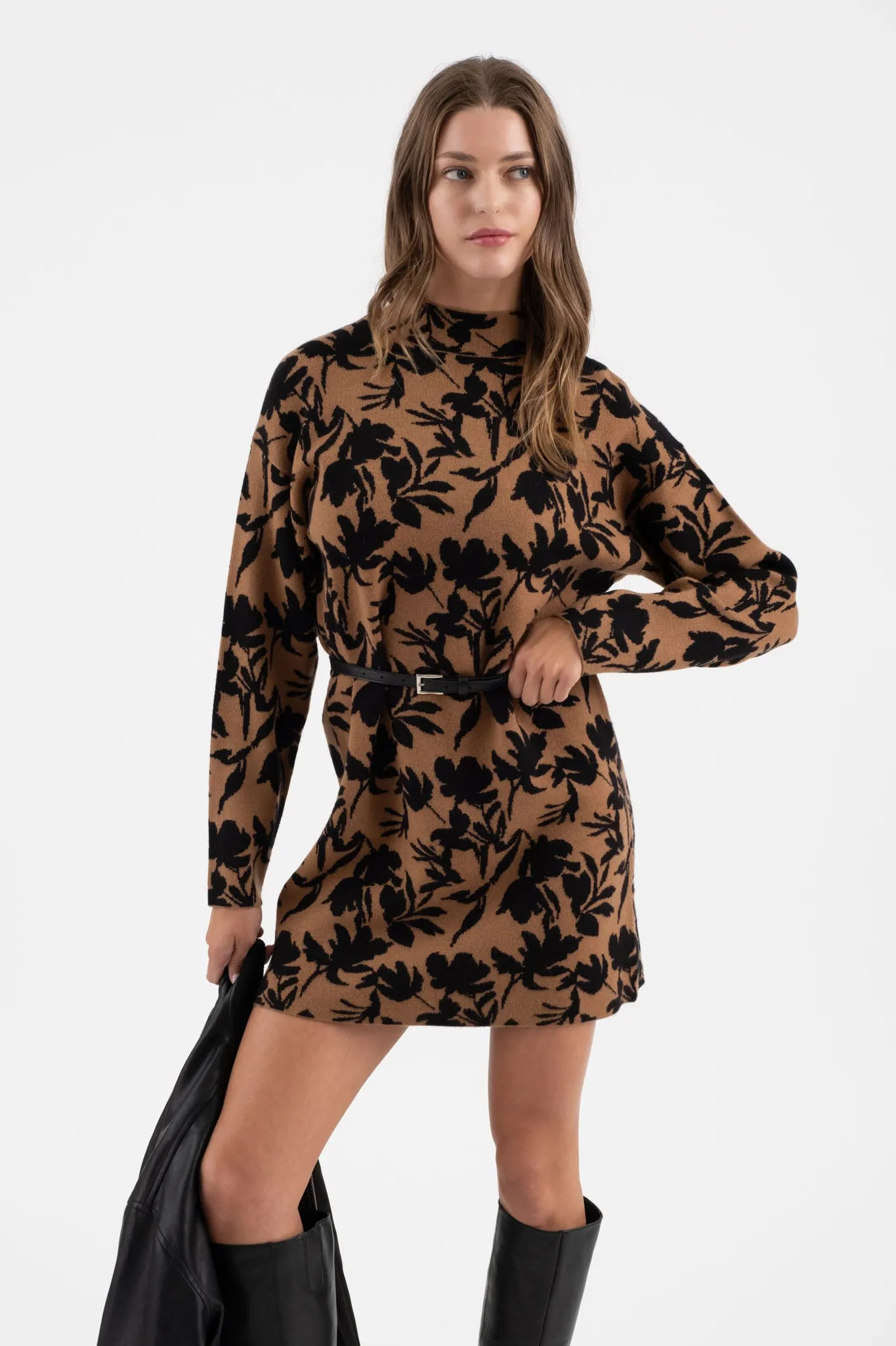 FLORAL MOCK NECK LONG SLEEVE KNIT SWEATER DRESS