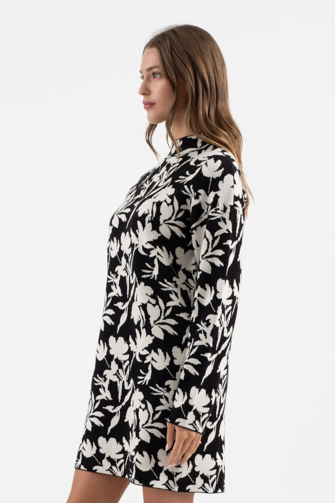 FLORAL MOCK NECK LONG SLEEVE KNIT SWEATER DRESS