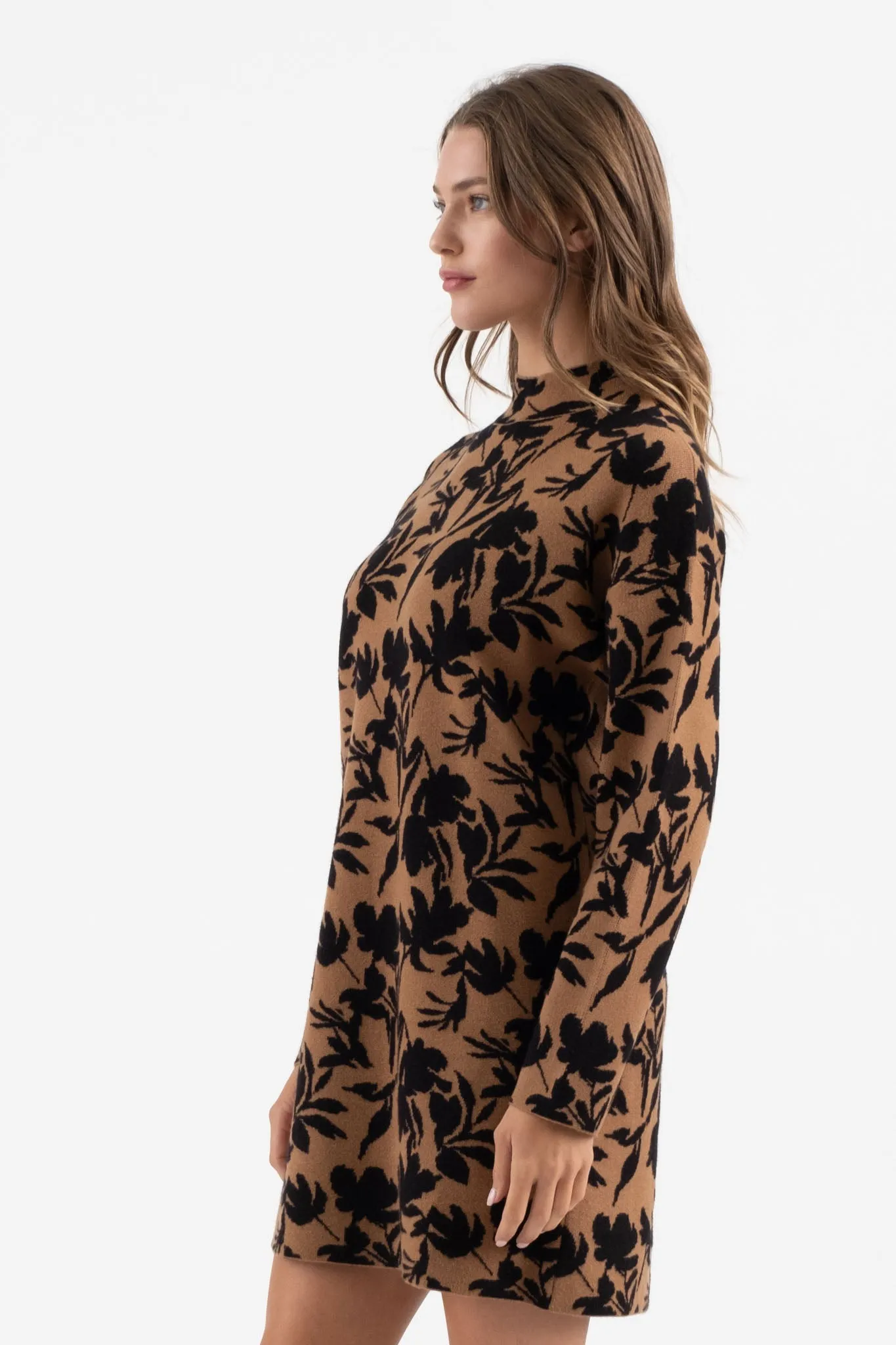 FLORAL MOCK NECK LONG SLEEVE KNIT SWEATER DRESS