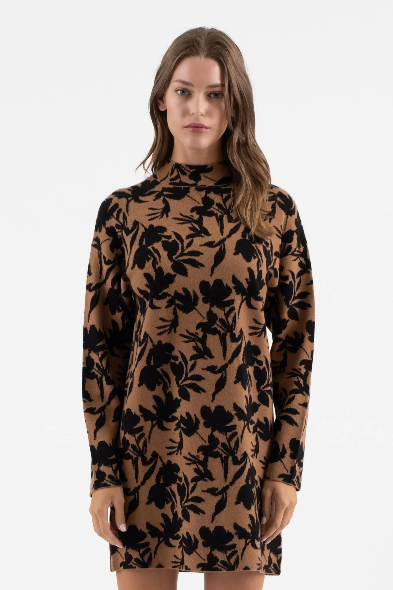 FLORAL MOCK NECK LONG SLEEVE KNIT SWEATER DRESS