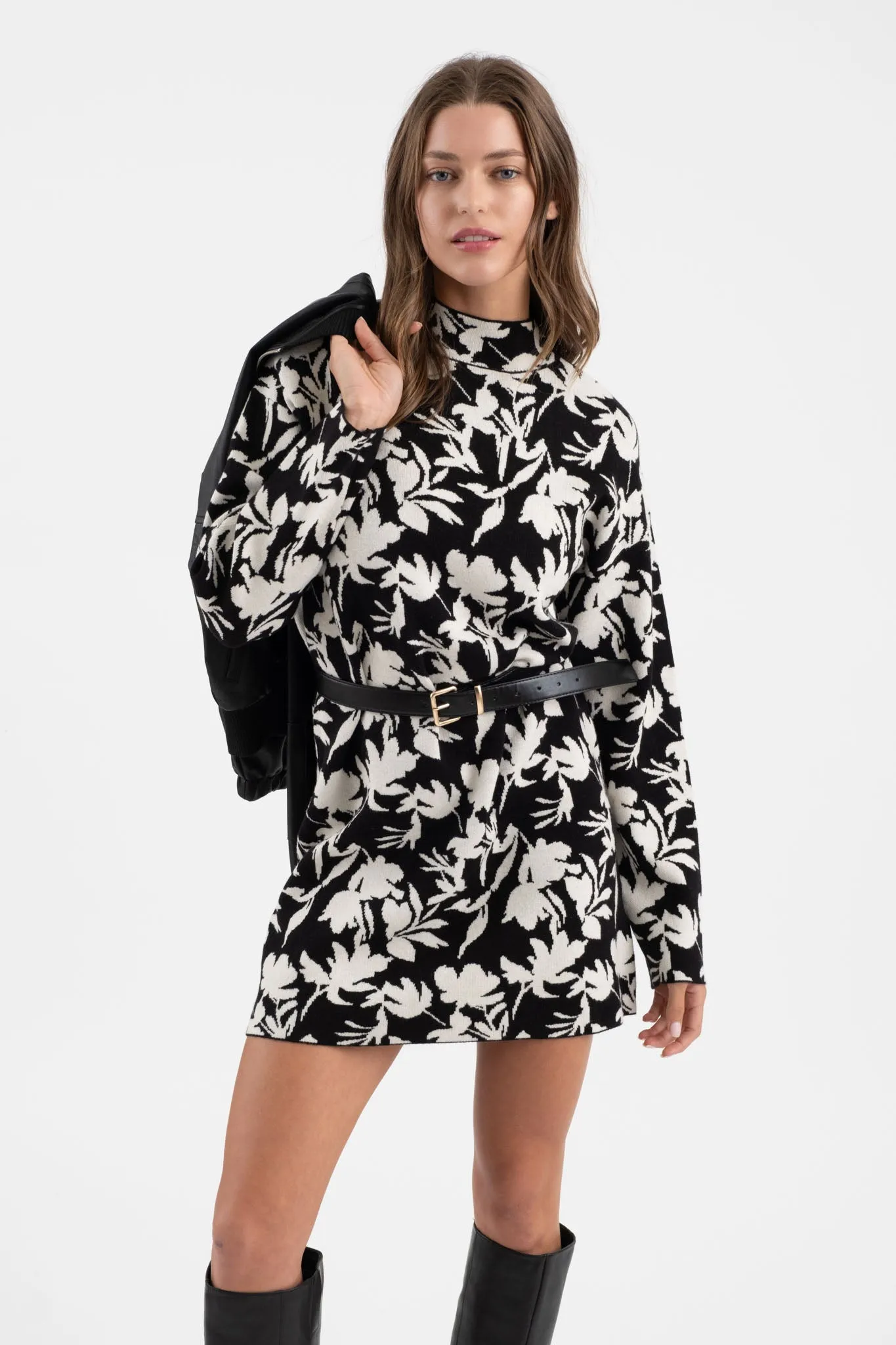 FLORAL MOCK NECK LONG SLEEVE KNIT SWEATER DRESS