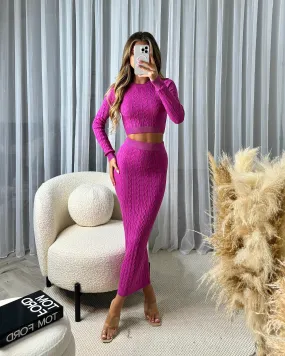 Gemma Cable Knit Skirt & Crop Jumper Set - Purple