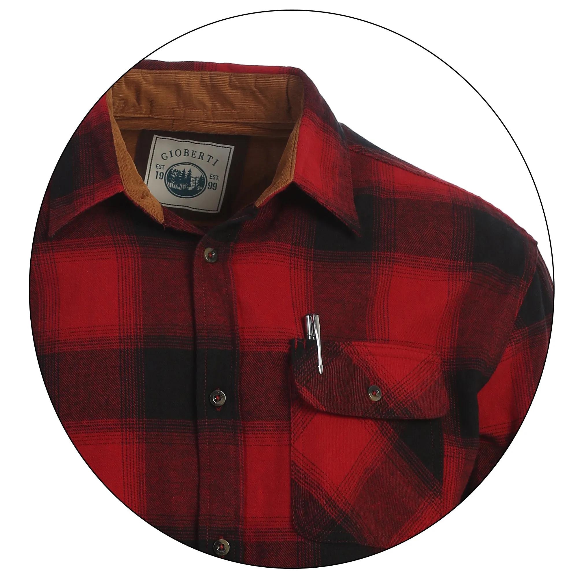 Gioberti Men's Black / Red Gradient 100% Cotton Brushed Flannel Plaid Checkered Shirt with Corduroy Contrast
