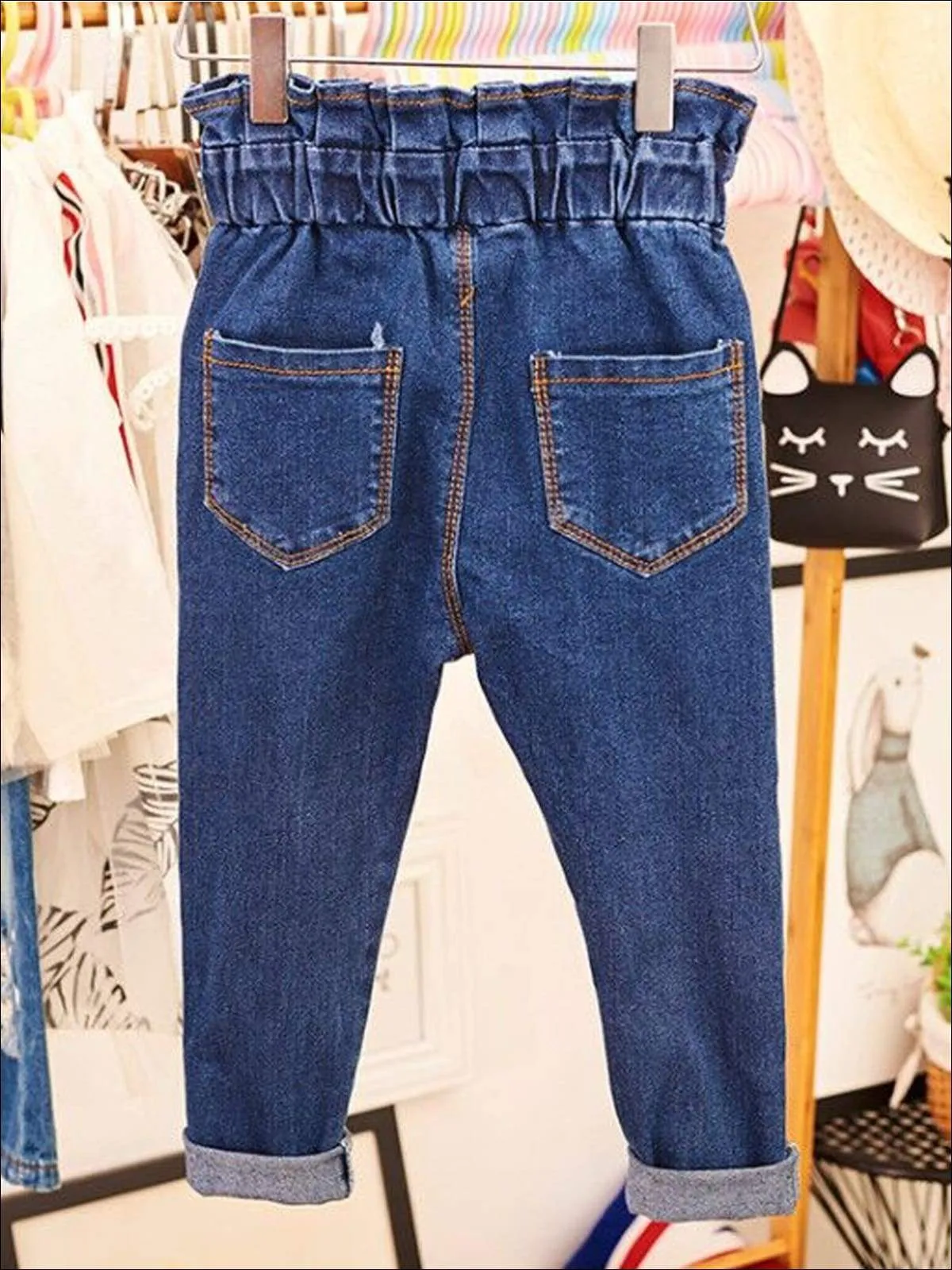 Girls Blue Ruffled High Waist Jeans