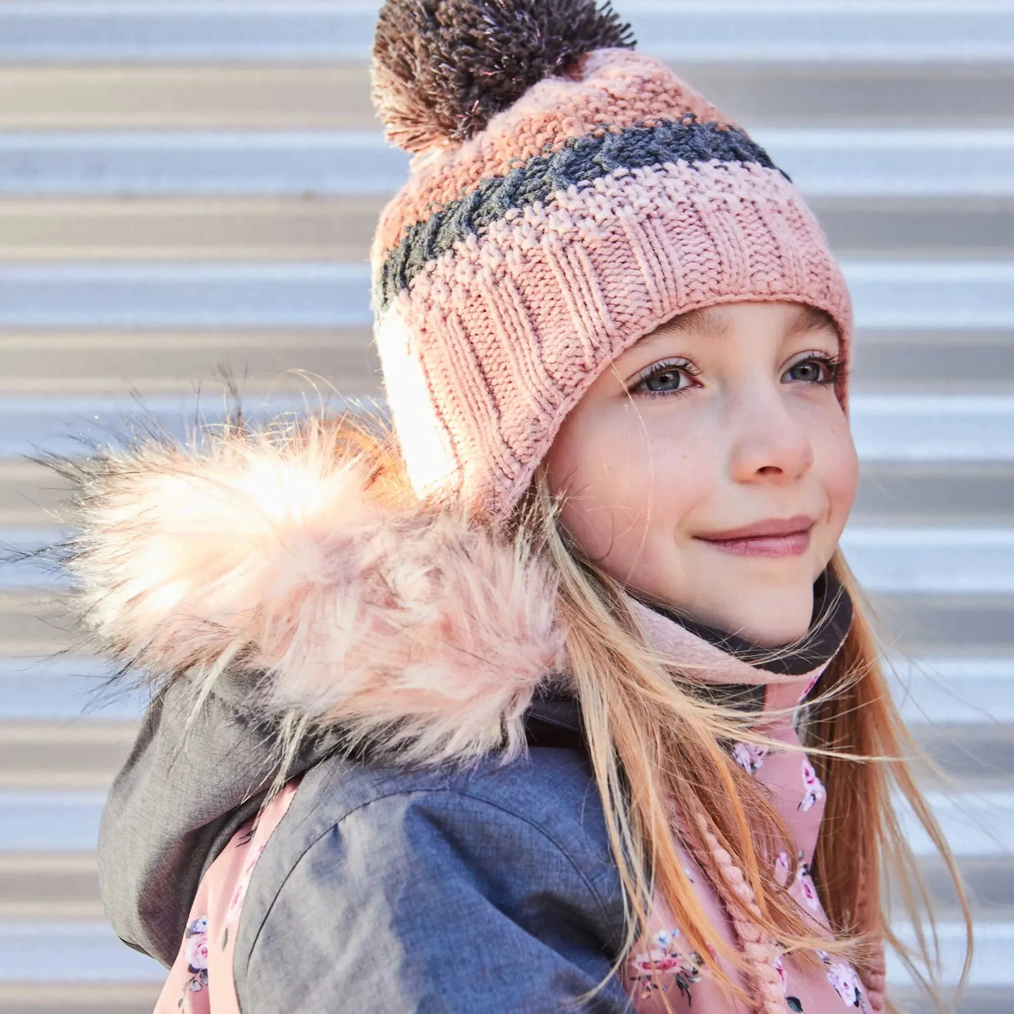 Girls' Striped Earflap Knit Hat Pink And Grey | DEUX PAR DEUX