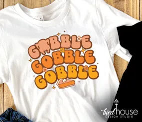 Gobble Turkey Pumpkin Shirt, Cute Groovy Thanksgiving Graphic Tee