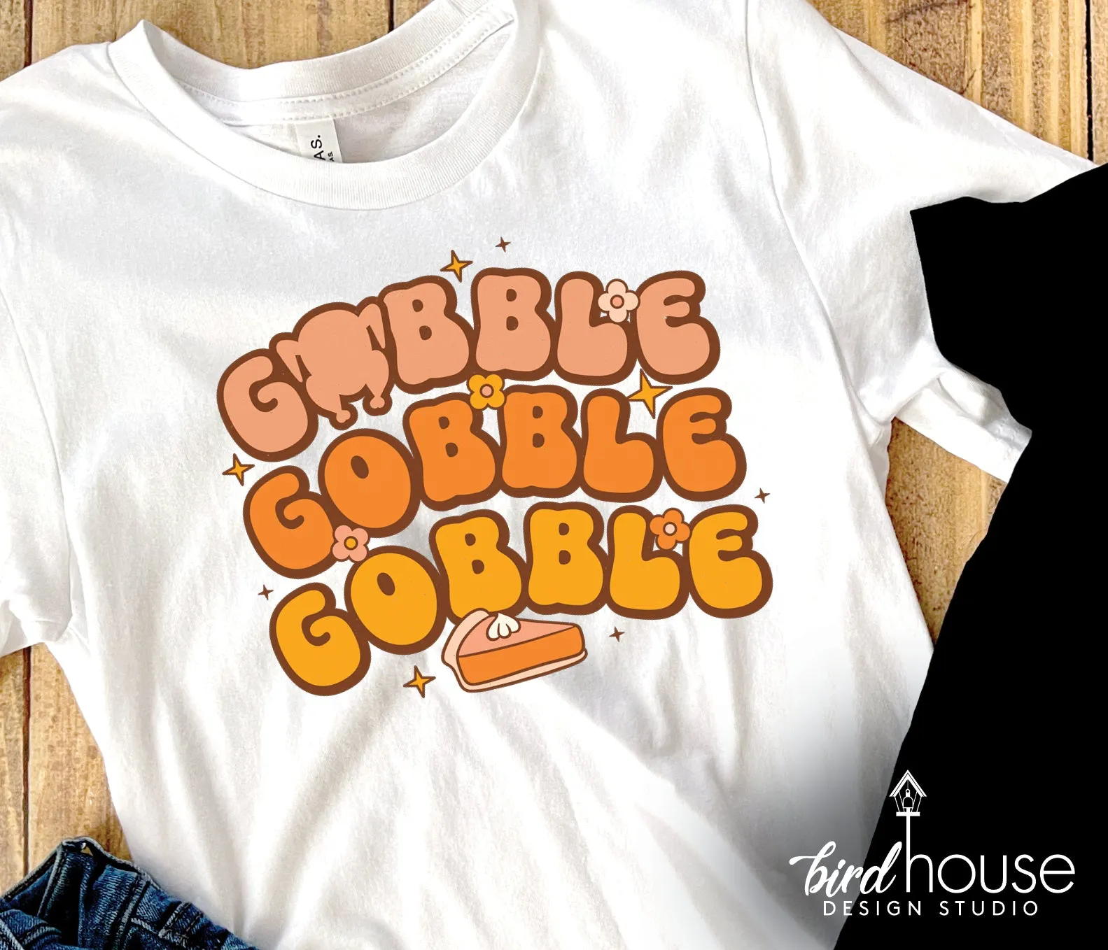 Gobble Turkey Pumpkin Shirt, Cute Groovy Thanksgiving Graphic Tee