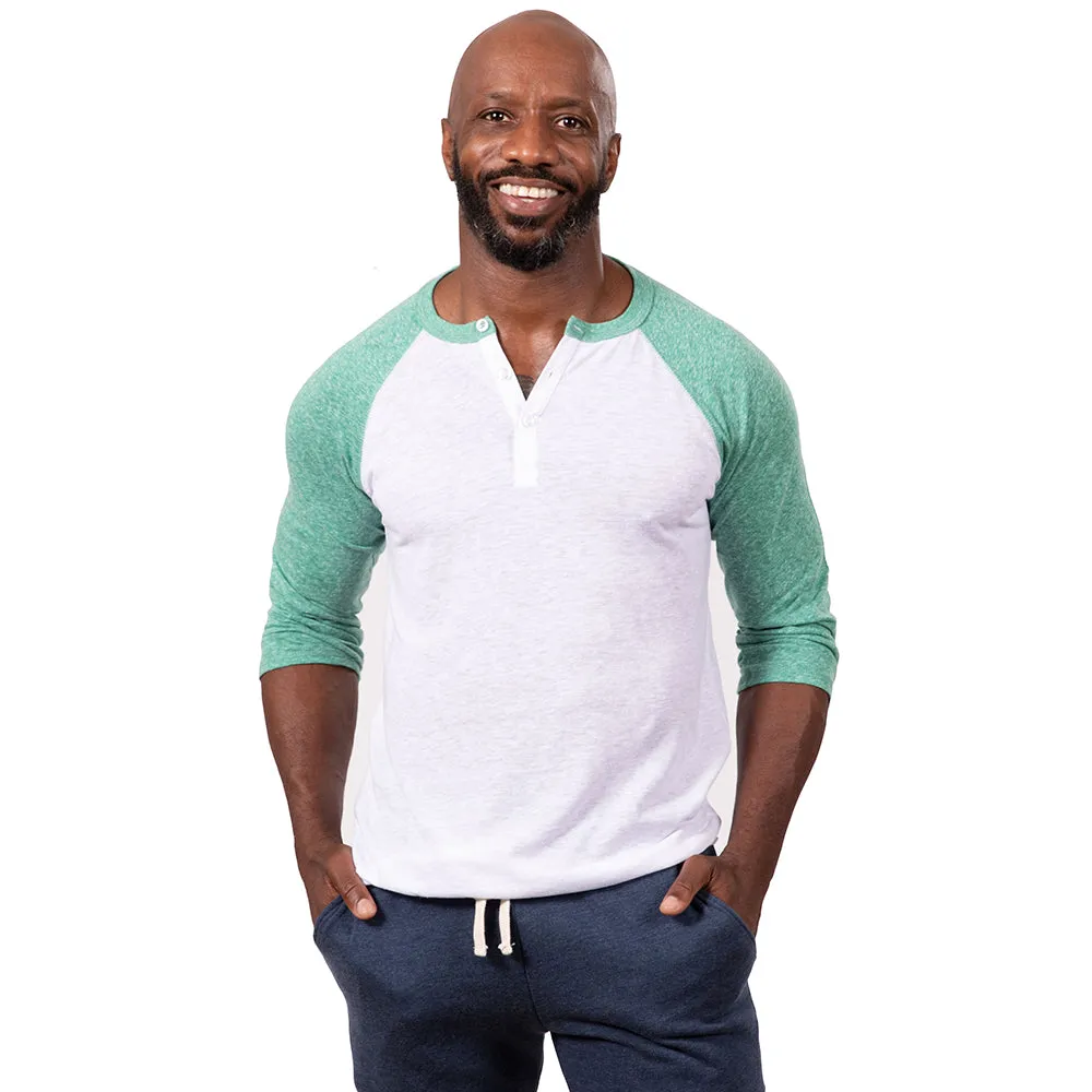 Green Heather & White Contrast 3/4 Raglan Sleeve Tri-Blend Henley - Made In USA (XL Available)