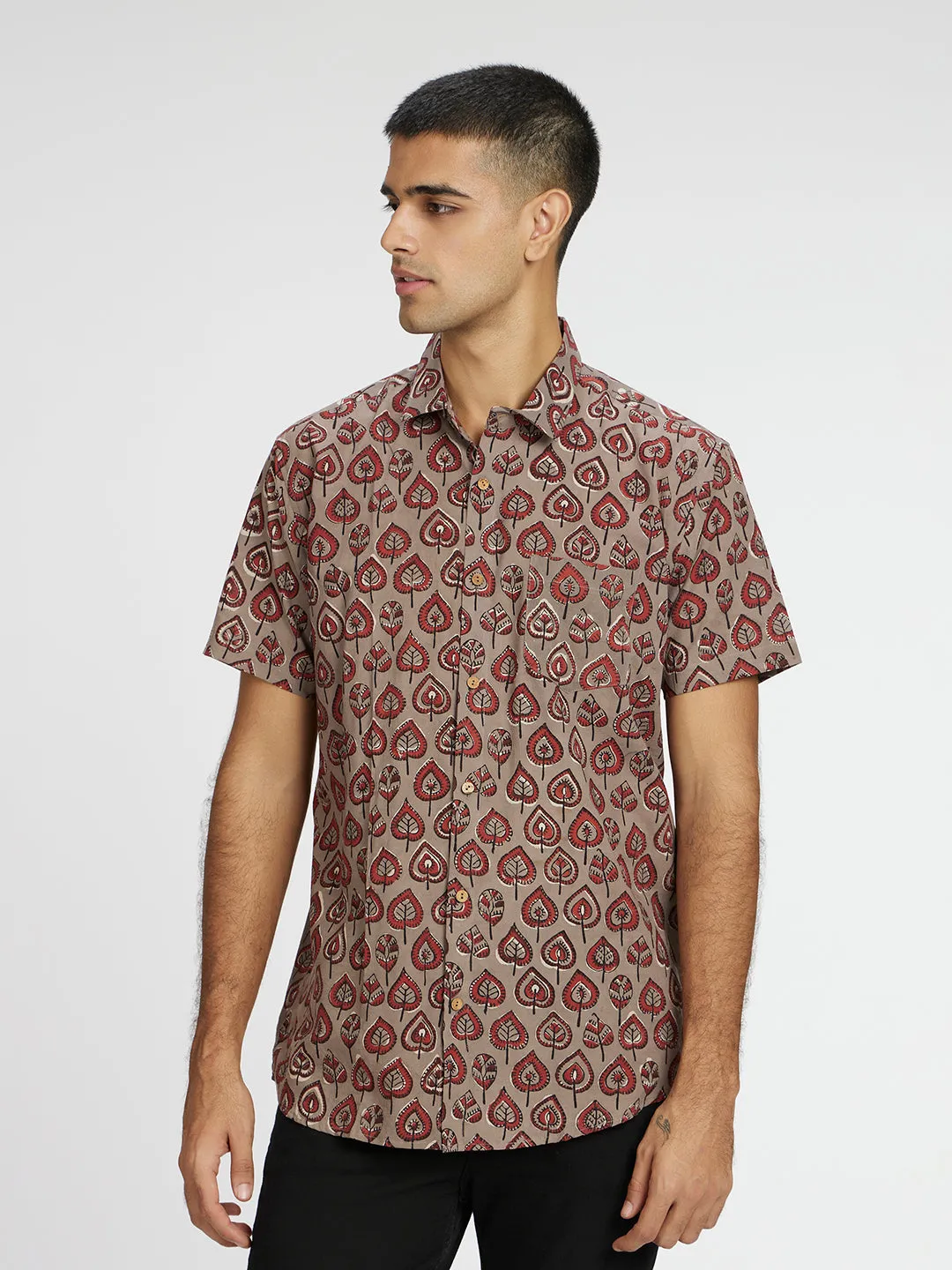 Grey Leaf Block Printed Holiday Halfsleeves Cotton Shirt
