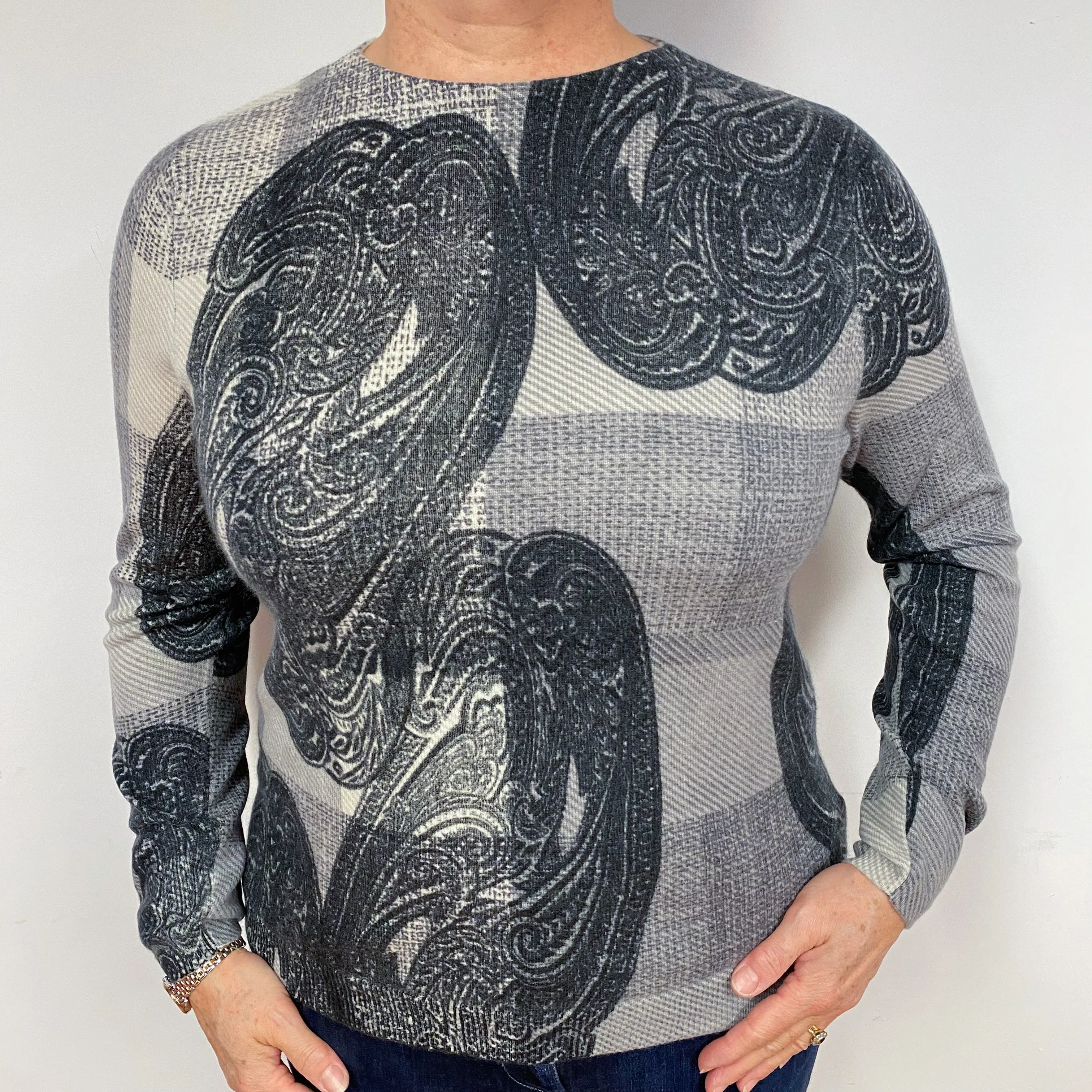 Grey Paisley Checked Cashmere Crew Neck Jumper Large