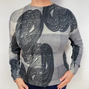 Grey Paisley Checked Cashmere Crew Neck Jumper Large