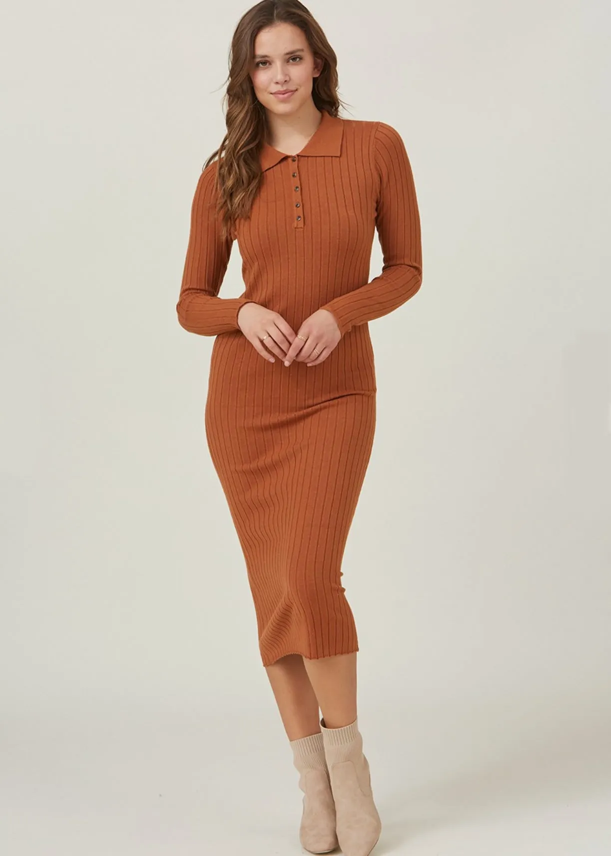 Harvard Women’s Ribbed Polo Shirt Dress, Midi Dress, Terra-Cotta