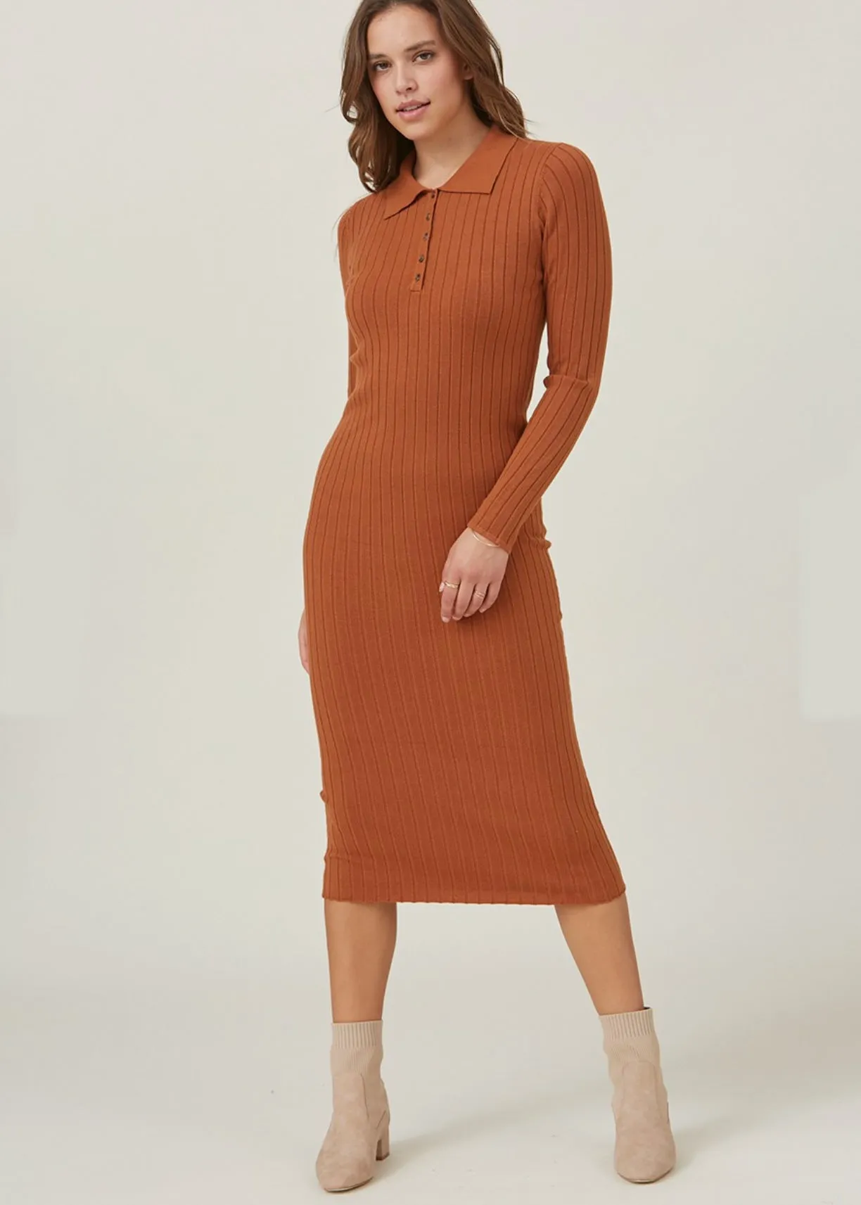 Harvard Women’s Ribbed Polo Shirt Dress, Midi Dress, Terra-Cotta
