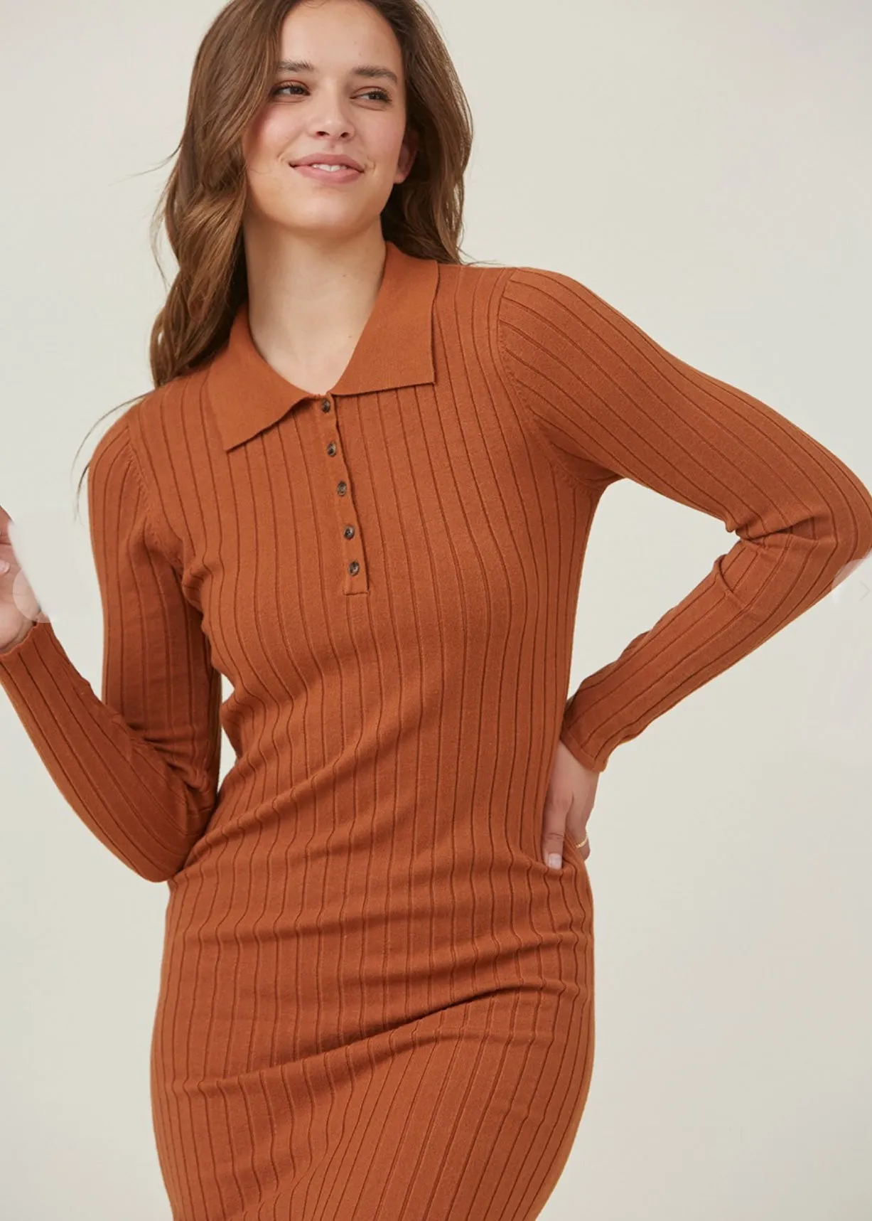 Harvard Women’s Ribbed Polo Shirt Dress, Midi Dress, Terra-Cotta